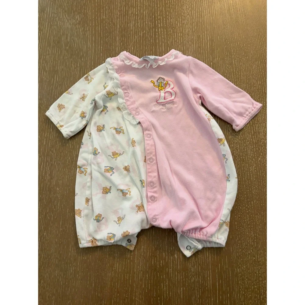 Vintage Baby Girls 6-9 Months Romper Sleeper Lot Pink Pastel Teddy Bear Ruffle